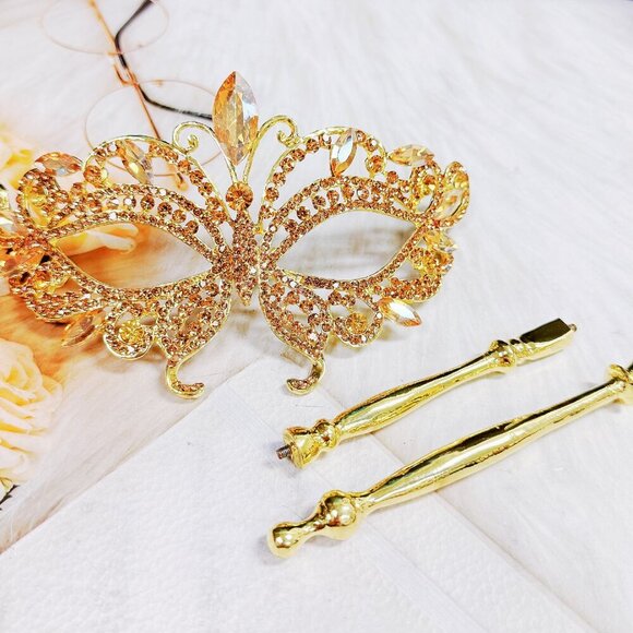 Champagne Masquerade Mask, Crystal Handheld Mask, Yellow Gold Mask, Wedding Mask